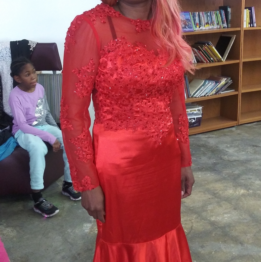 Red Satin Mesh Prom Dress